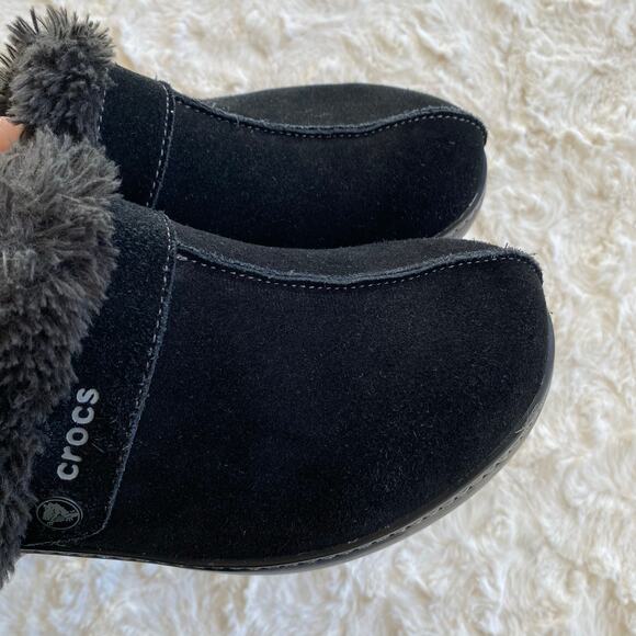 Crocs Women's Cobbler Suede Leather Clog Size 11 Faux Fur Lining Mule Wedge - Picture 5 of 10